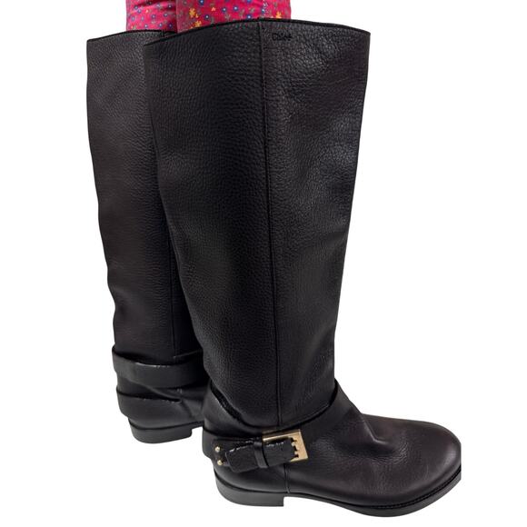Chloé Black Pebbled Leather Riding Boots Gold Buckle Italy Women’s 39 EU 9 US - Picture 1 of 7